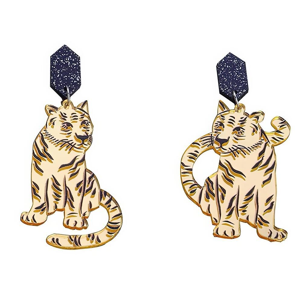 Tiger Mirror Acrylic‎ Gold and Black Earrings